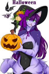 claire wearing a witchy outfit consisting of a big black hat with a purple ribbon and pumpkin decoration, a dark purple cowl, and a simple black body suit. she's holding a jack o lantern and some bats are flying next to her