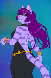 claire wearing a black backless dress with a gold belt and bracelets, with her back turned towards the camera at an angle to show off the dress