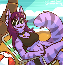 claire sitting on a chair on the beach wearing a black bikini and sunglasses