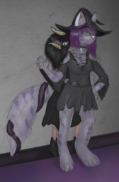 claire standing against a wall with a dragon girl behind her who's nomming her shoulder. their tails are intertwined together
