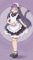 ball jointed catgirl maid with purple hair, cat ears, and tail wearing a frilly short sleeved maid dress along with glasses and a moon collar. its joints are very visible