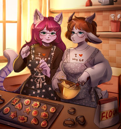 claire, a purple striped cat, wearing a purple top that says 'I ❤️ MY GF' under a dark blue apron with stars sprinkling sugar on a tray of cookies next to doric, a white goat wearing a white top that says 'I ❤️ MY GF' under a lighter blue and white apron mixing something in a bowl