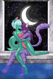 claire, a purple striped cat in a black bikini is hugging jenika, a green pooltoy fox with a pink swimsuit. she is holding onto one of jenika's handles and they are both embracing each other tightly. their feet are in the pool and the moon can be seen through the window behind them
