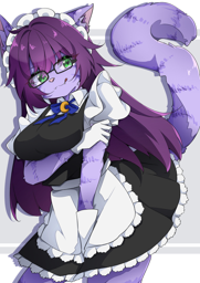 claire wearing a maid uniform consisting of a black dress with white lace, a white apron and headdress, and a blue ribbon under her moon pendant