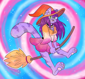 claire wearing a lesbian flag colored witch outfit, riding on a broom. the background is a trans flag colored spiral
