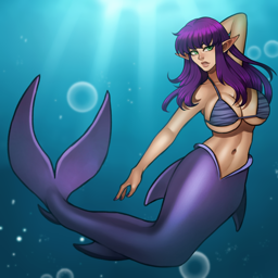 purple haired mermaid with green eyes and a human top half with pointy ears wearing a simple striped black bikini top. the bottom half is a smooth purple shark tail