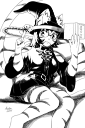 black and white sketch of claire sitting and looking at a moon spellbook with some magic on her finger
