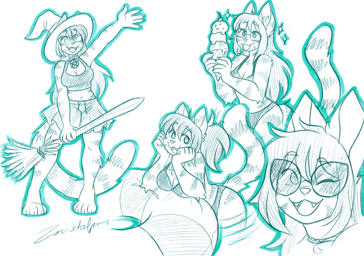 monochrome sketchpage of claire in four different poses. the first is of her in a witch hat, tank top, skirt, and pentagram choker holding the broom. the second is of her wearing only a black bikini lounging against a floaty. the third is of her in the same bikini holding an ice cream cone. the fourth is a close up of her face wearing sunglasses and winking