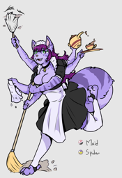 claire as a spider with multiple eyes, six arms, and two legs along with a furry abdomen where her tail would be. she's wearing a maid uniform and using her multiple arms to dust, clean, sweep, and hold tea at the same time