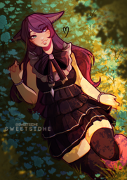purple haired miqote with blue and green eyes wearing a black sleevess dress laying in a field of flowers